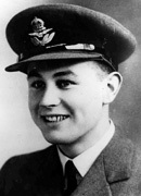 Black and white portrait photograph of Flight Officer Cyril Joe Barton in his RAF uniform featuring peaked cap.