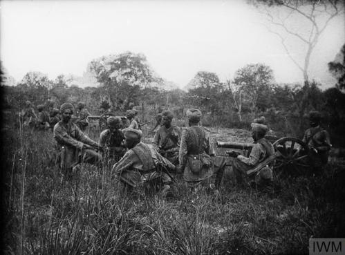 Indian army troops sitting in the African bushland next to an artillery piece.