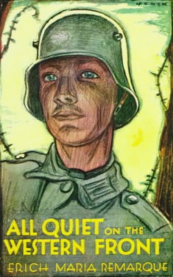 Illustrated cover of All Quiet on the Western Front featuring German WW1 soldier.