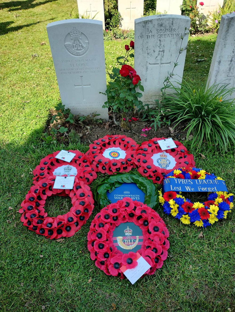 Grave of Company Serjeant Major Harry Lowe covered in red poppy wreaths.