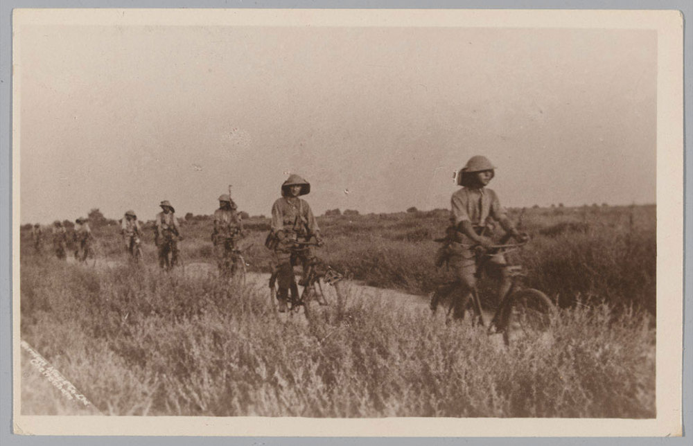 British Army soldiers patrol the Salonika countryside on bicycles circa 1917.