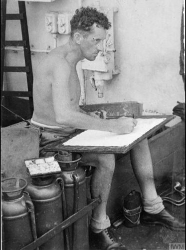 Hennell sketching on deck, HMS Hunter © IWM HU 57949