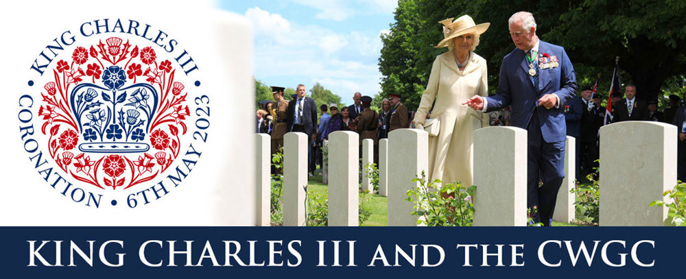 Banner with red and blue coronation logo to the left. The logo contains a red floral pattern with a blue crown in the centre. To the right on the banner is an image of King Charles and Queen Consort Camilla inspecting headstones in a CWGC cemetery. The sky is a light blue, framed by green trees.