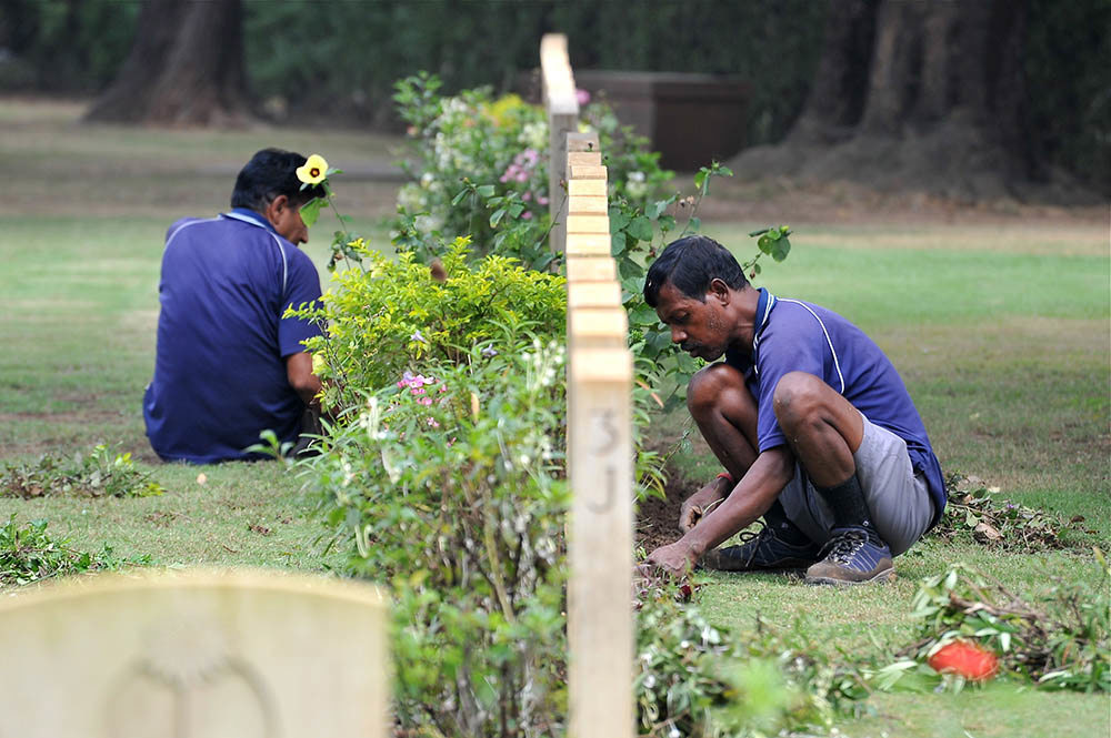 Two CWGC gardeners kneeling while tenidng to the borders of a row of CWGC headstones. Lots of different shrubs and flowering plants lie in the borders.