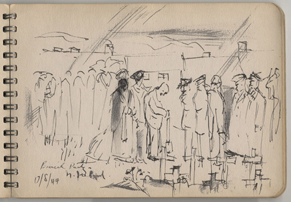 Hand drawn ink sketch of a funeral ceremony in Irvinestone Church of Ireland Churchyard for fallen Canadian airmen during the Second World War. A number of mourners stand solemnly around their comrades' war grave.
