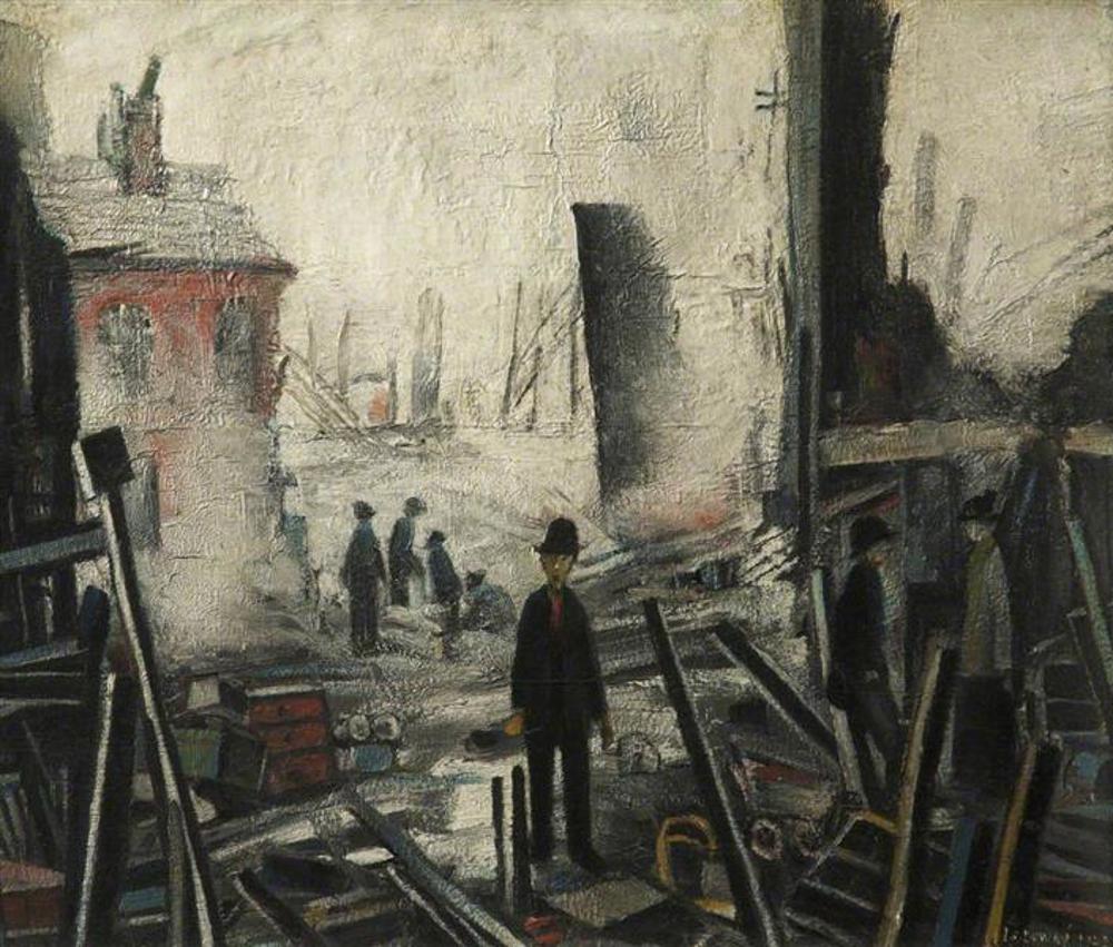 Blitzed Site by L.S Lowry showing figures of people in the ruins of bombed out houses in the Manchester Blitz