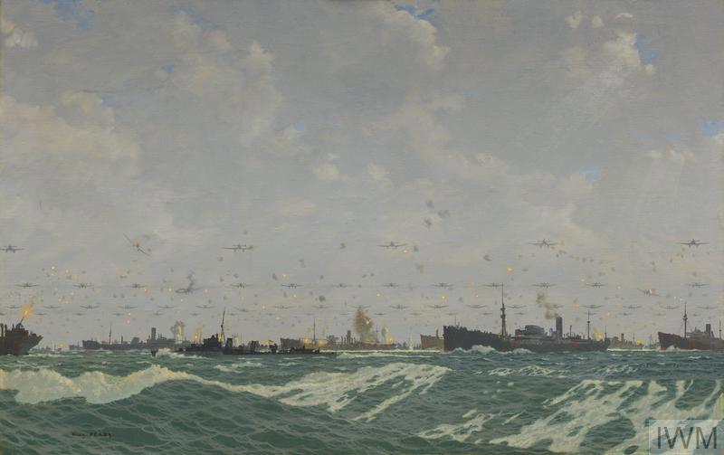 A painting showing a huge number of British Royal Navy vessels stretching out on a foamy ocean. The ships are under attack from various aricraft. Little dots of orange and red show the gun flashes from each ship.