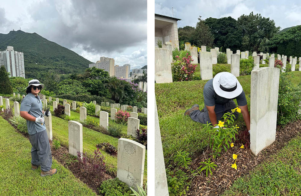 Workers tenidng to borders and headstone plots at Sai Wan War Cemetery.
