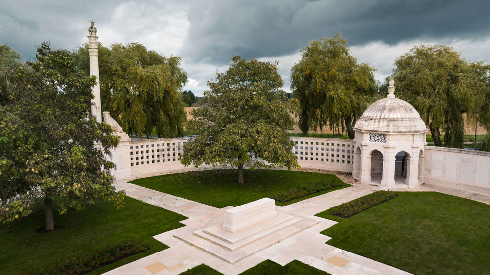 View of the Neuve-Chapelle Memorial showing the Stone of Remembrance, Chhatri pavilion and Ashoka column.