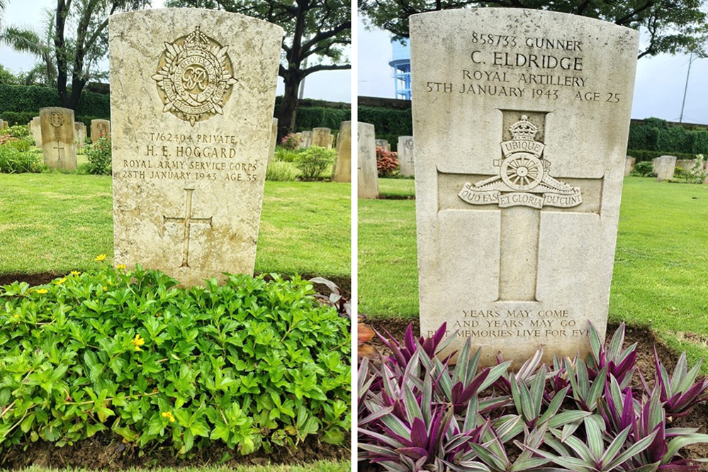 Two headstones at Ranchi War Cemetery showing closeups of lush plant life in the boarders surrounding the burial plot.