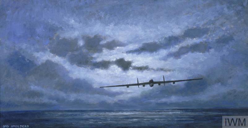 Paitning showing a Lancaster bombing flying low over the see on a cloudy, moonlit night.