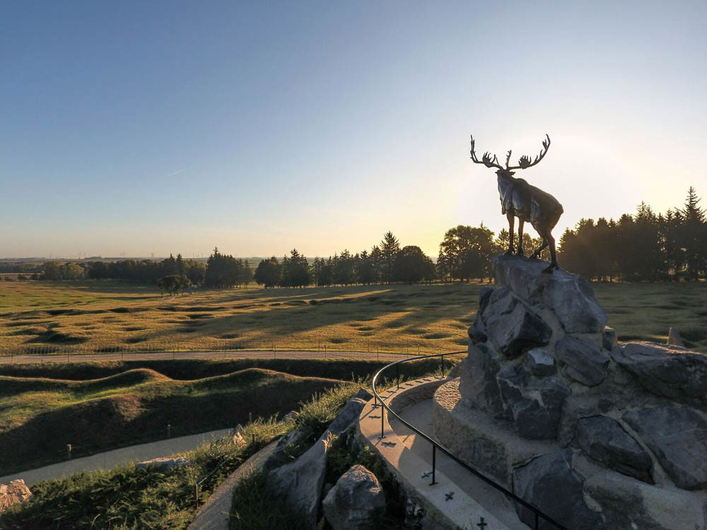 A bronze caribou statue atop a rocky outcrop over looks the shell-pitted and scarred former Beaumont Hamel battlefield.