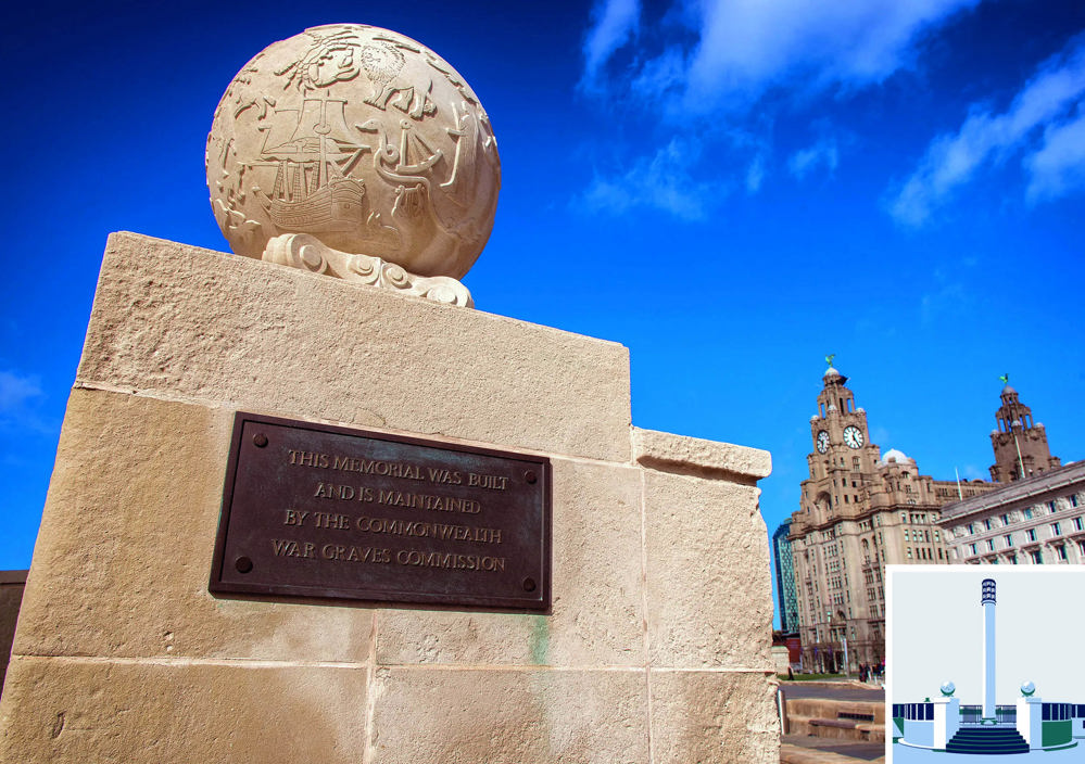 Close up of one of the stone globes of the Liverpool Naval Memorial.