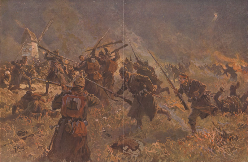 Oil painting of WW1 German soldiers engaged in hand to hand fighting with British Expeditionary Force soldiers at the battle of Langemarck October 1914.