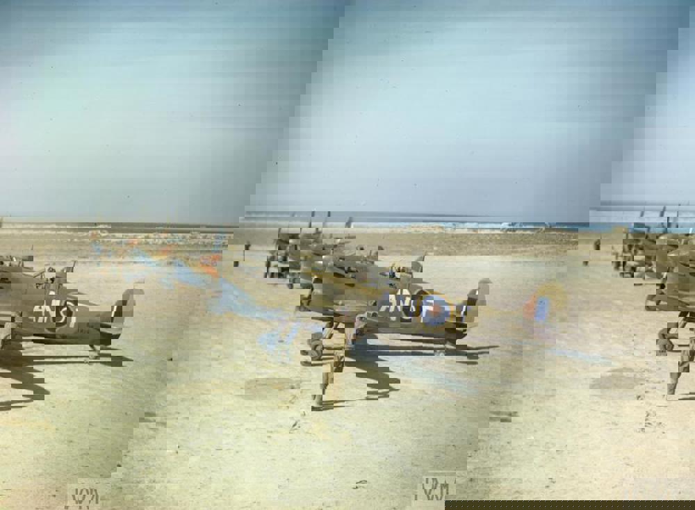 A line of Second World War Canadian fighter planes assembled at an Tunisian Airfield during the Second World War.