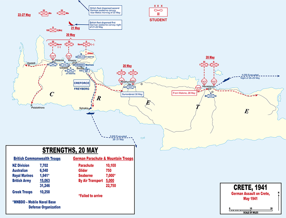 Map of Cete showing Allied positions and German invasion zones during the Battle of Crete