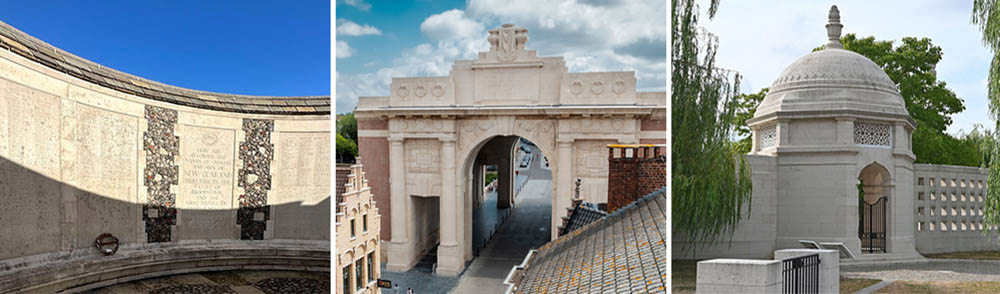 Left to right: Tyne Cot Memorial, Menin Gate Memorial, Neuve-Chapelle