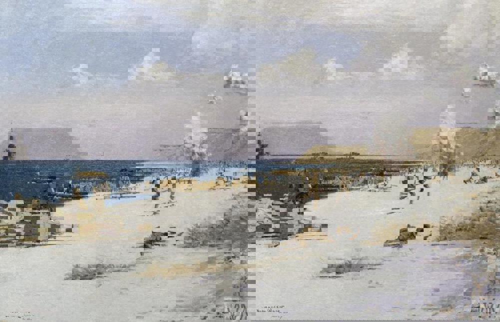 Paintng showing British troops running ashore at Suvla Bay, August 1915. Shippin can be seen in the background on the oily blue sea. Whisps of cloud have been painted swiling in a light blue sky. Shell bursts can be seen on the beach and in the air.