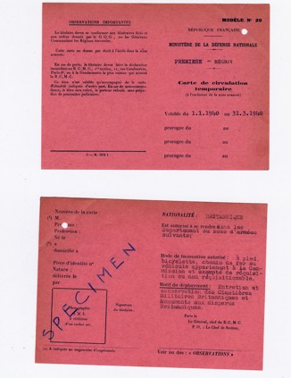 French Second World War-era temporary passports for refugees fleeing the country.