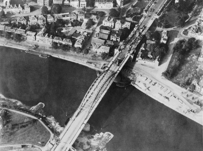 Arnhem Bridge as seen from the air circa Operation Market Garden.