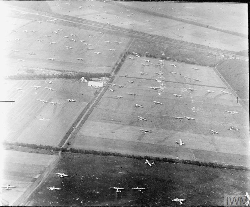 Aerial photo showing a large number of British gliders lining the fields of their landing zone during Operation Market Garden.