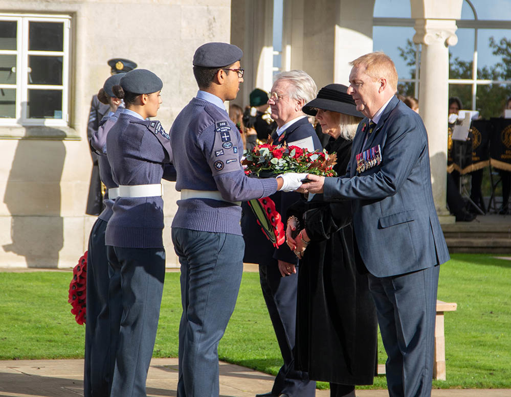 RAF Cadets accepting wreaths as part of a Remembrance Day ceremony at the Runnymede Memorial.
