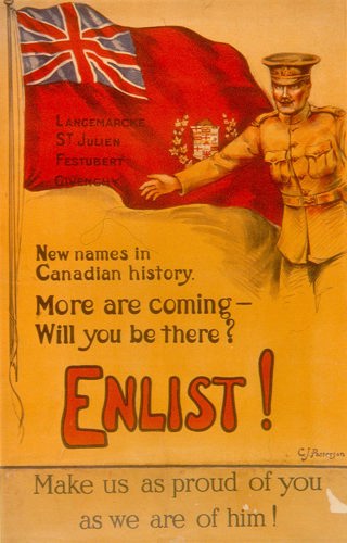 A colourful First World War Canadian recruitment poster. It shows a Canadian officer posing with an open hand in front of a red Dominion of Canada flag.