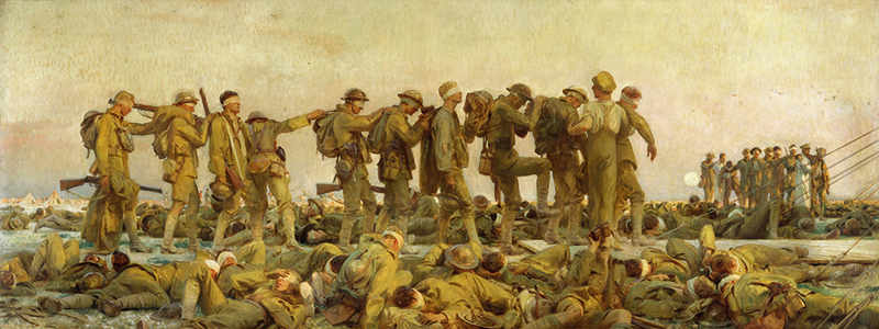 Gassed by John Singer Serjeant, showing a line of blind, gassed Australian Great War soldiers aiding each other across a military aid post.