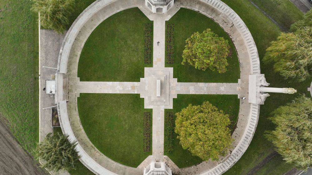 A bird's eye view of the Neuve-Chapelle Memorial showing its circular layout.