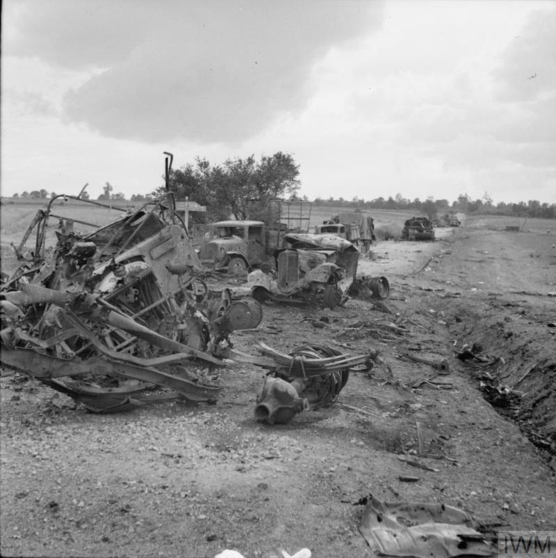 Wrecked German tanks and vehicles following the Battle of the Falaise Pocket