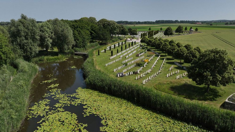 Aerial view of one of the burial plots at Bedford House Cemetery, Ypres showing the cemetery moat.