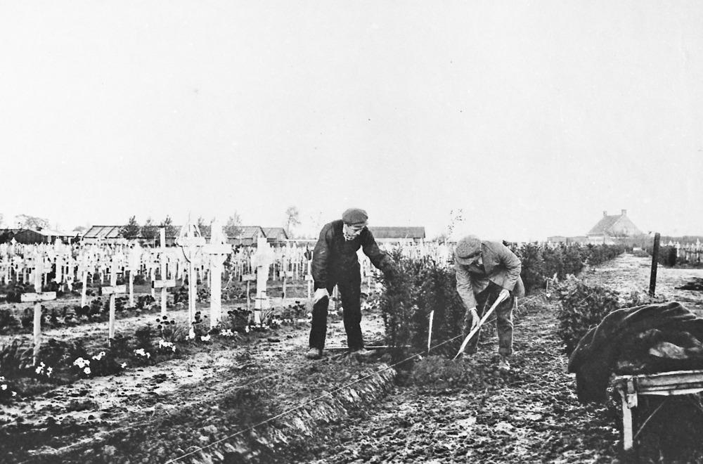 Gardeners planting foliage in churned, muddy ground and Lijssenthoek Cemetery, Belgium. Rows of white wooden grave markets are visible in the background