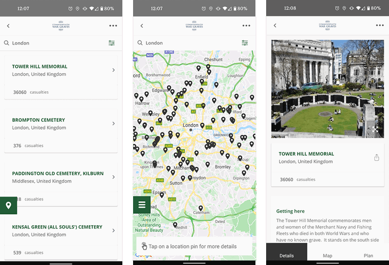 Searching London on the CWGC App