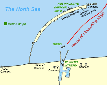 Colour map of the location of the Zeebrugge Mole, route taken by blocking ships, and position of the British troop landing ships.