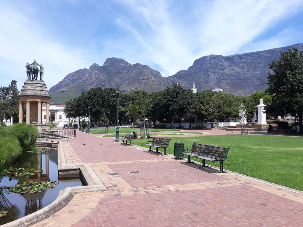 Delville Wood Memorial Garden, Cape Town, with Table Mountain visible in the background.