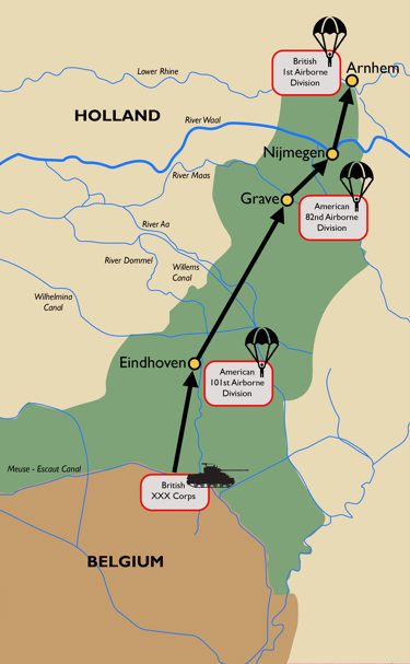 Illustrated map showing the route of operations for Operation Market Garden. Airborne drops, bridges, and rivers have been marked on the map.