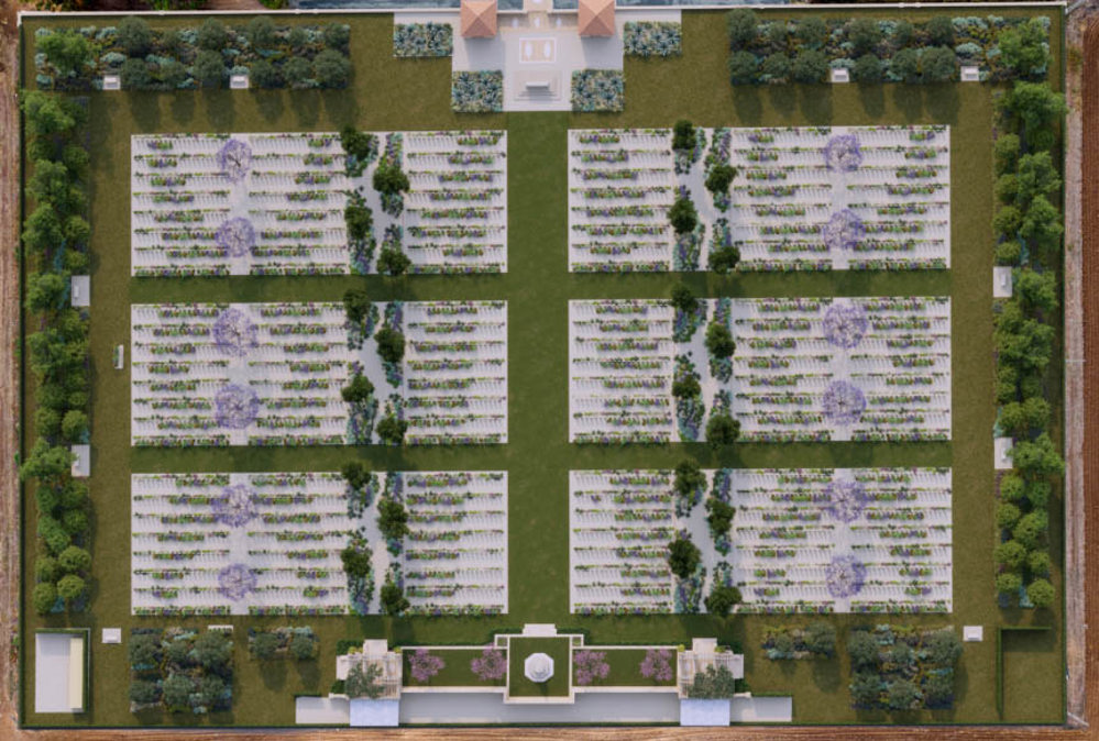 Rendering of an aerial view of Medjez-el-Bab War Cemetery showing flowering plant beds and lush green irrigated turf.