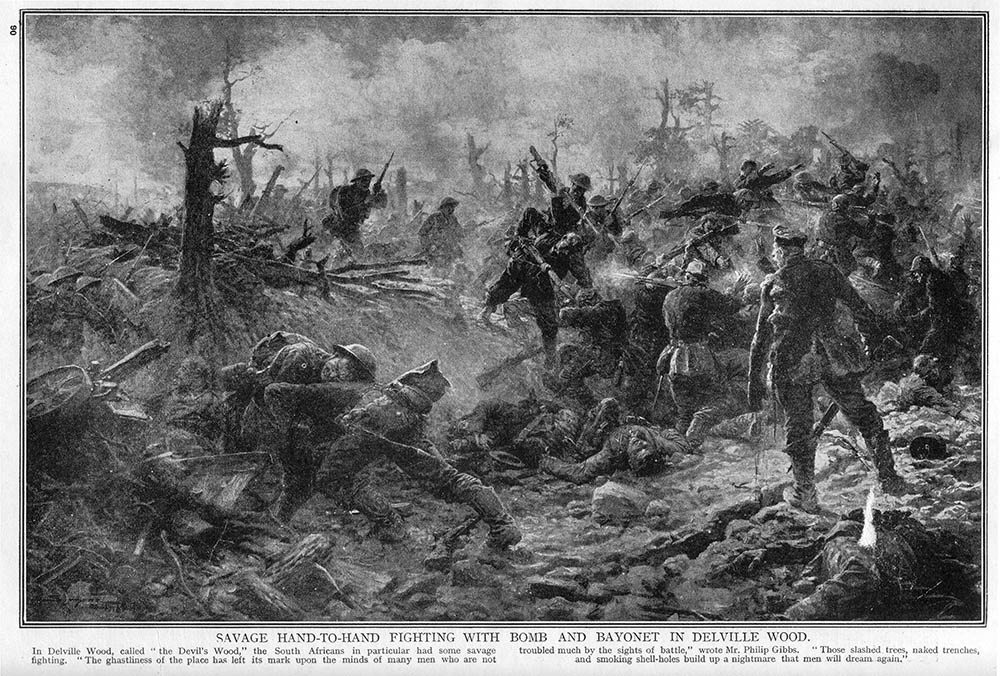 Black and white illustration showing desperate hand-to-hand combat in Delville Wood, circa July 1916. Figures are clashing with bayonets and clubs and rifles in the devestated landscape of the wood, where blasted tree stumps and trunks dot a shell-torn landscape.