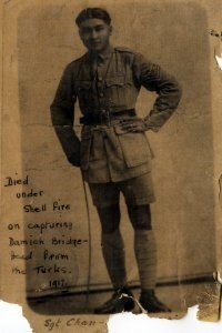 Sepia tinted photo of Albert Chun in his WW1 military uniform.