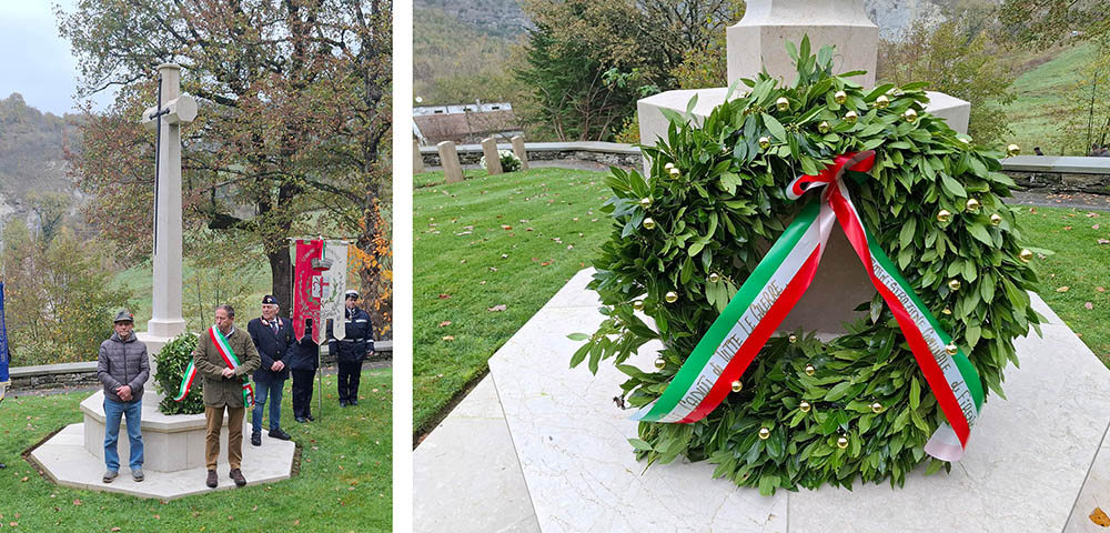 From left to right: Men stand around the Cross of Sacrifice at Santerno War Cemetery; a wreath laid on a stone coffin with an Italian tricolour ribbon.