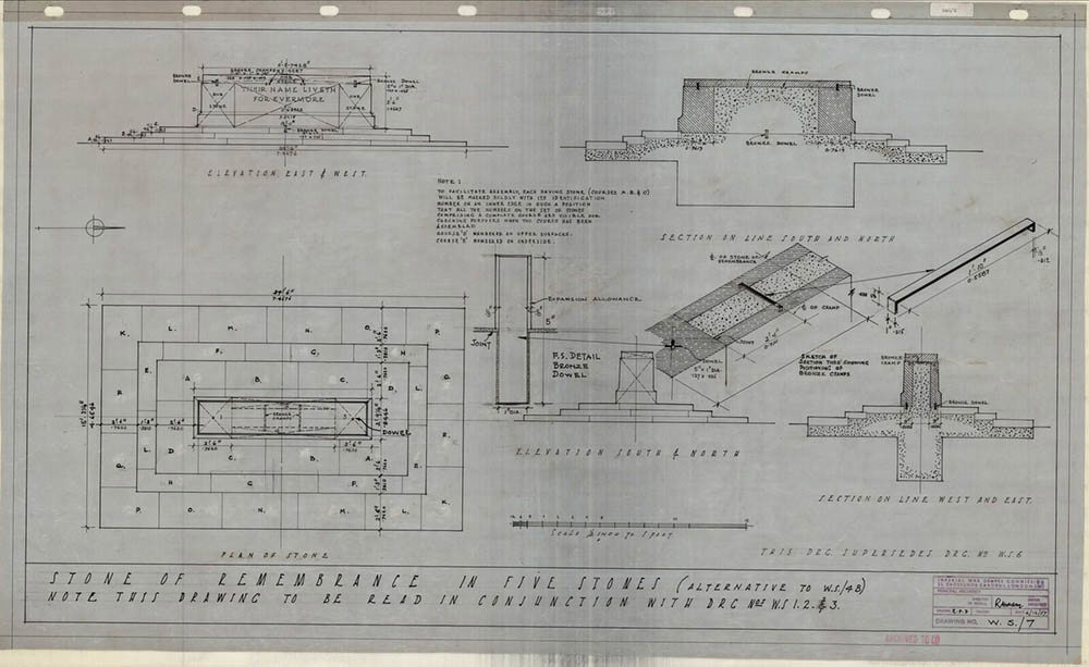 Architectural drawing of a CWGC Stone of Remembrance demonstrating stone placement and construction practices.