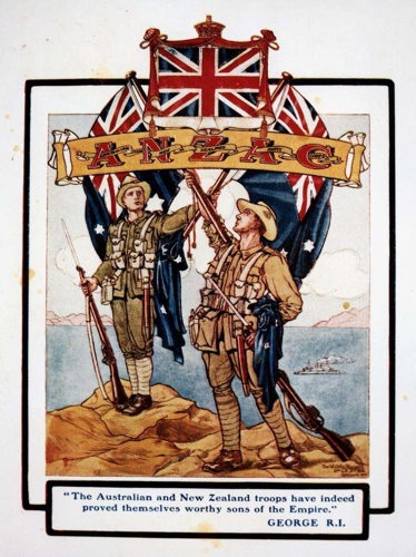 A recruitment poster circa 1916 showing an Australian and a New Zealand Soldier lifting their respective national flags aloft atop a rock outcrop on the Gallipoli Peninsula.