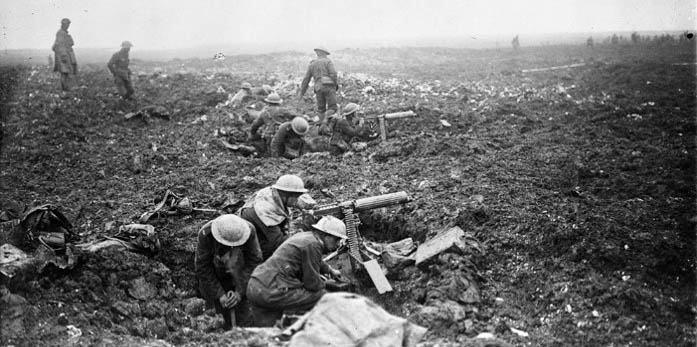 Canadian machine gunners dig into the blasted landscape of Vimy Ridge