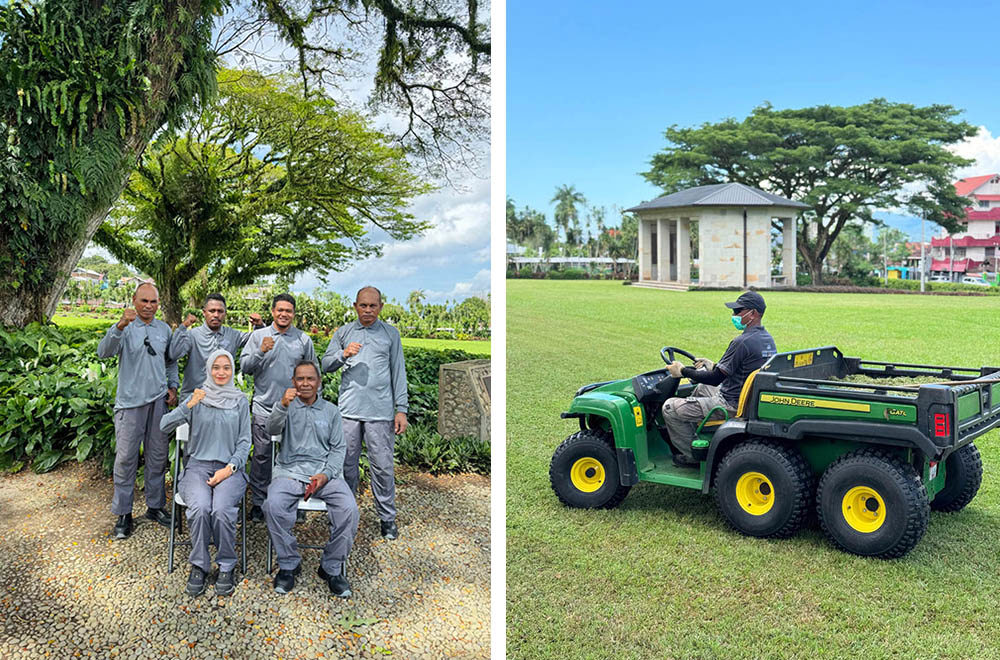 Left: Ambon War Cemetery maintenance team smile and wave for the camera; right, one of the team riding a six-wheeled cart across the cemetery lawn.