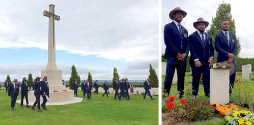 Australian rugby team members at Villers-Bretonneux memorial