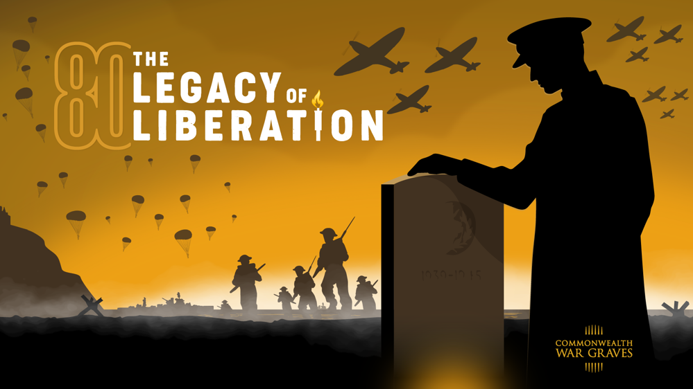 Legacy of Liberation banner with a soldier resting a hand on a grave to represent the 80th anniversary of world war two
