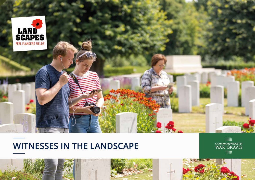 Banner depicting people visiting war graves with the text: witnesses in the landscape