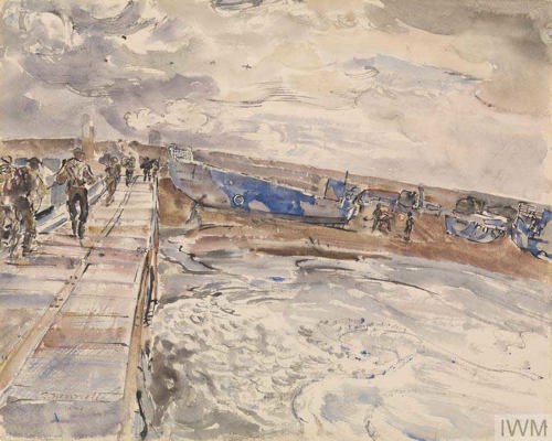 Troops going Ashore over a Pontoon, Normandy, June 1944 © Thomas Hennell. IWM ART LD 4205