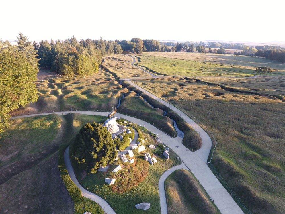 Overhead shot of the Beaumont Hamel Memorial and preserve trenches and shell-marked landscape of Newfoundland Memorial Park