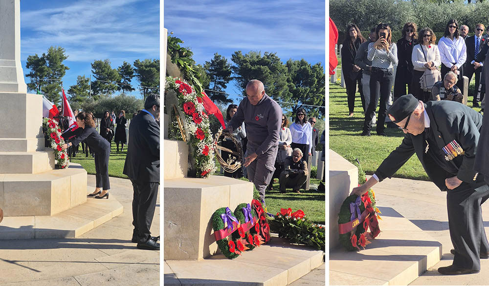 A collage of images showing various figures laying floral wreaths on the Cross of Sacrifice in Moro River Canadian War Cemetery